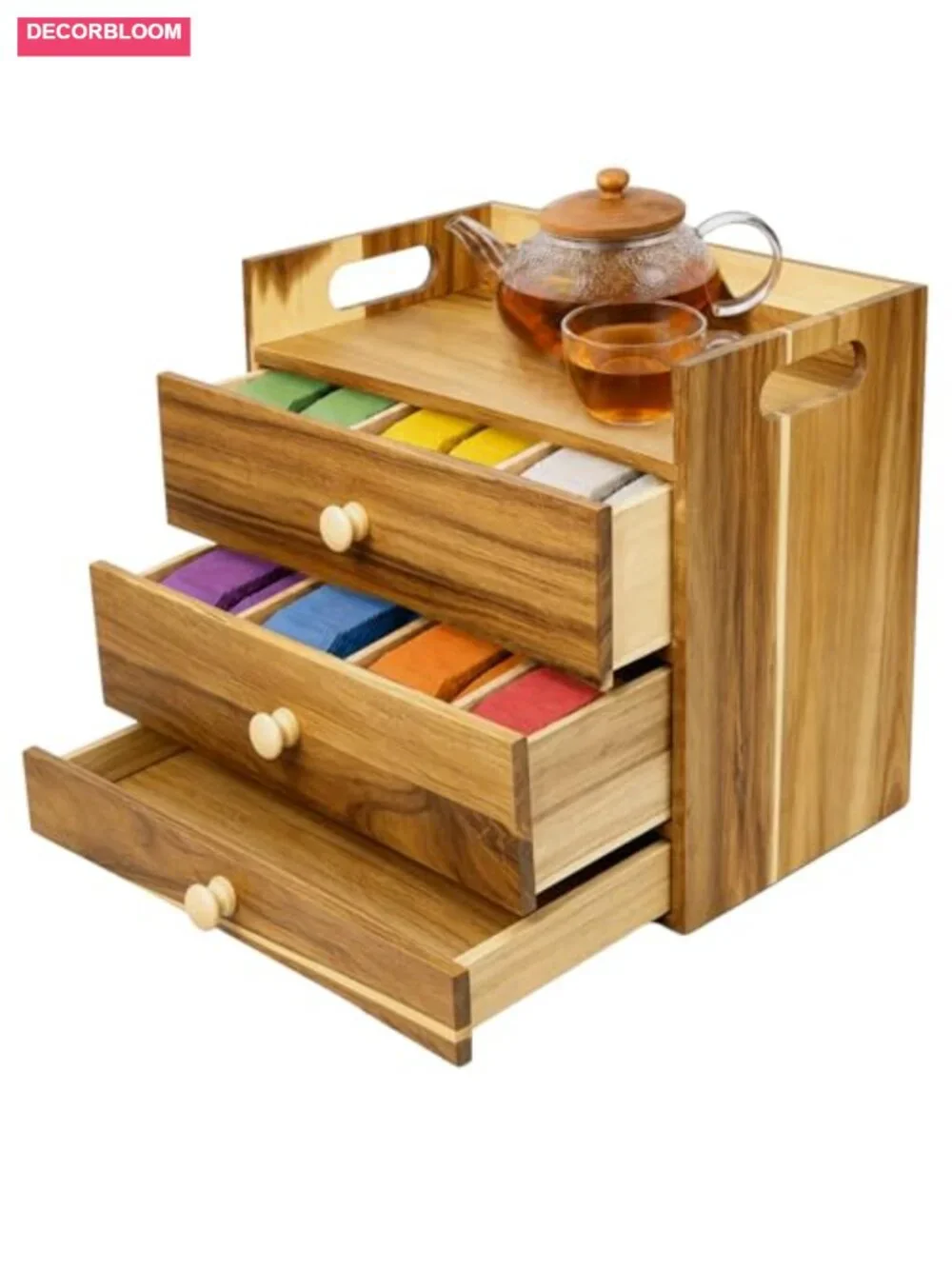 3-Tier Acacia Wood Tea Bag Organizer with 14 Compartments and Drawer